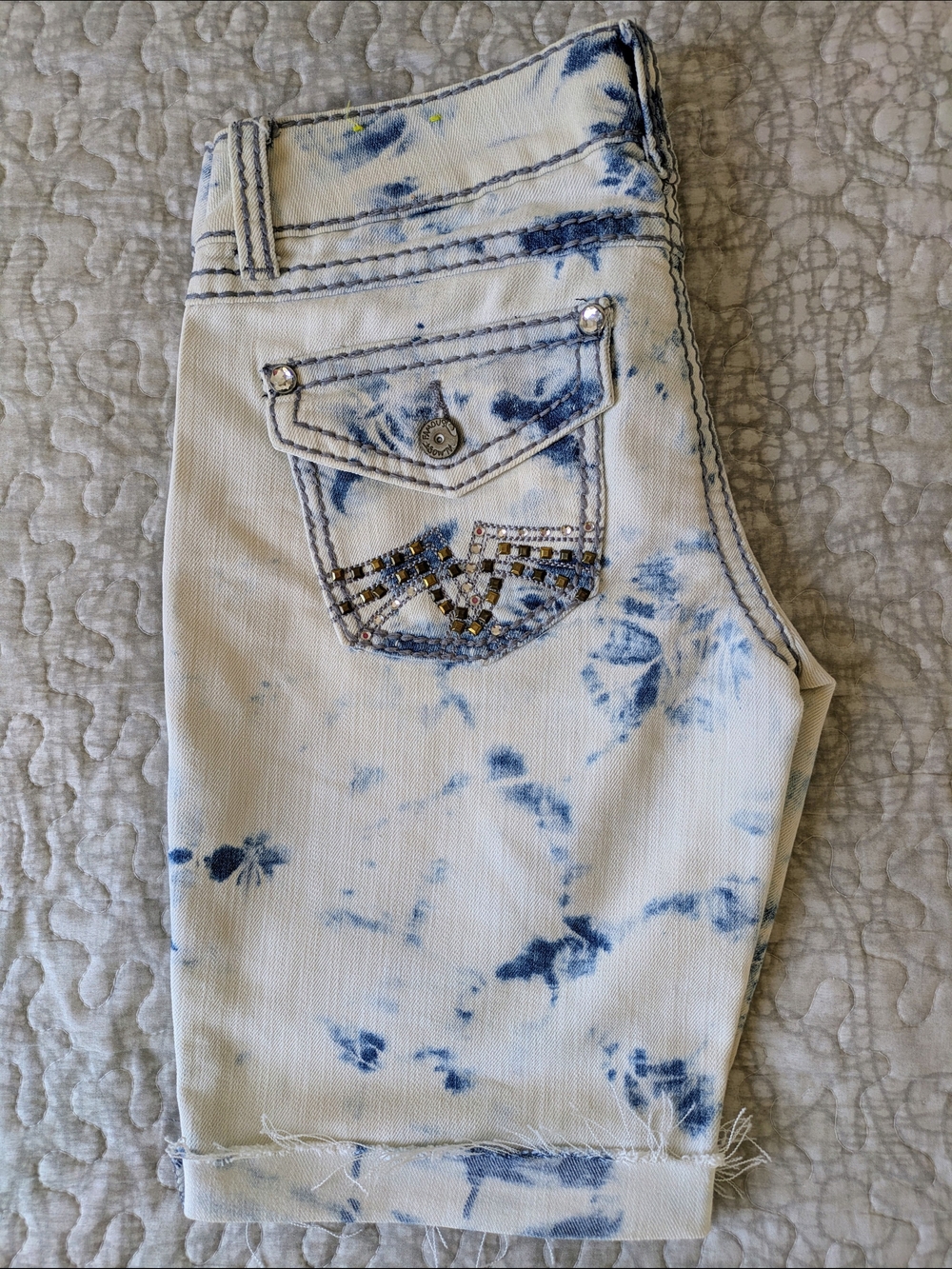 Almost Famous Y2K Acid Wash Denim Shorts With Embellished Pockets